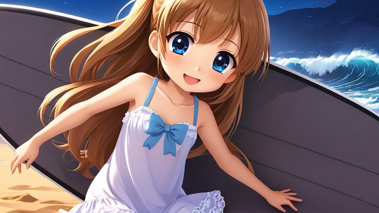 Cheerful Animated Girl on a Beach with Surfboard