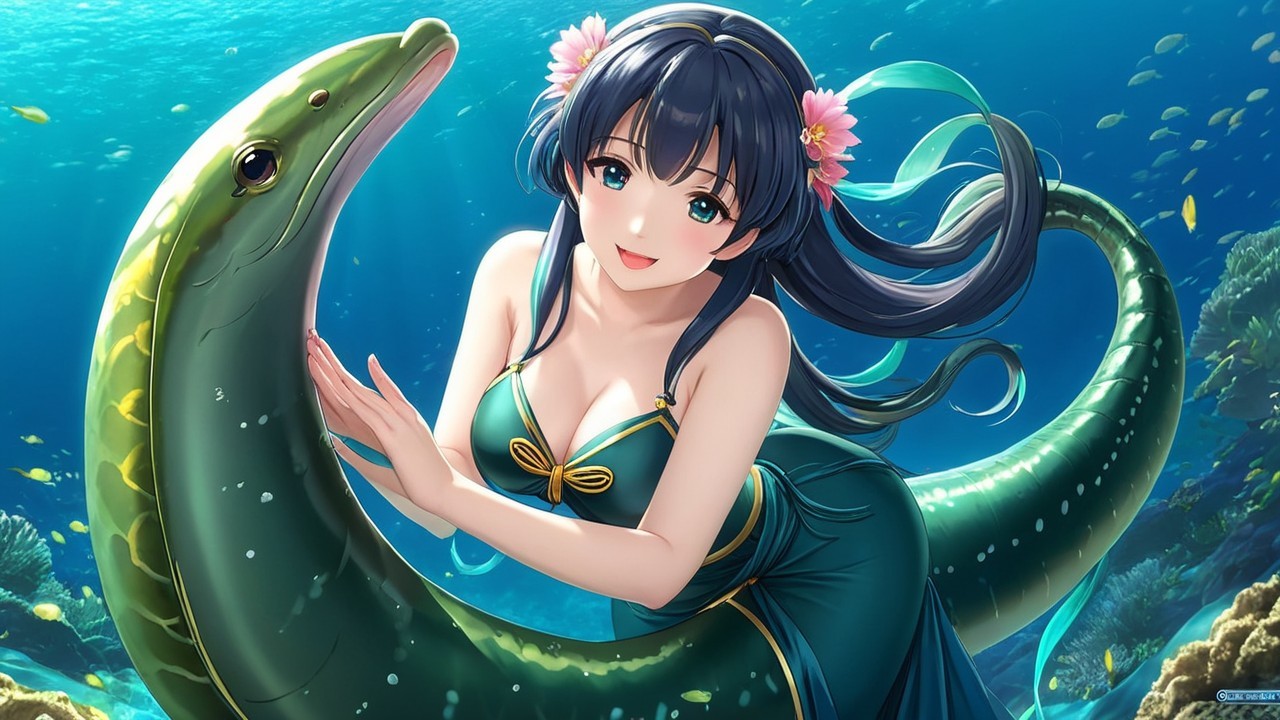 Underwater Scene with Woman and Serpentine Creature