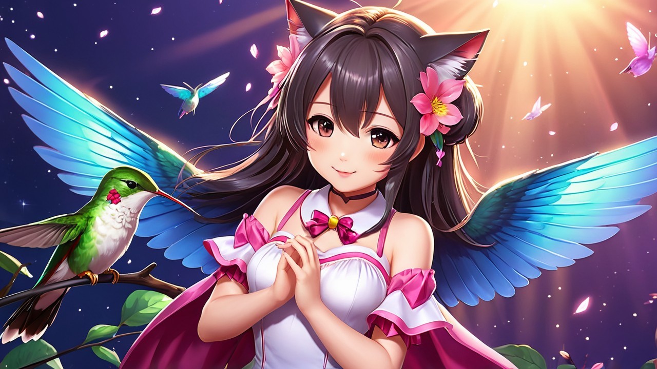 Magical Scene of Girl with Cat Ears and Wings