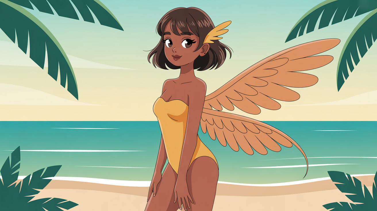 Anime Illustration of Woman with Bird Wings at Beach