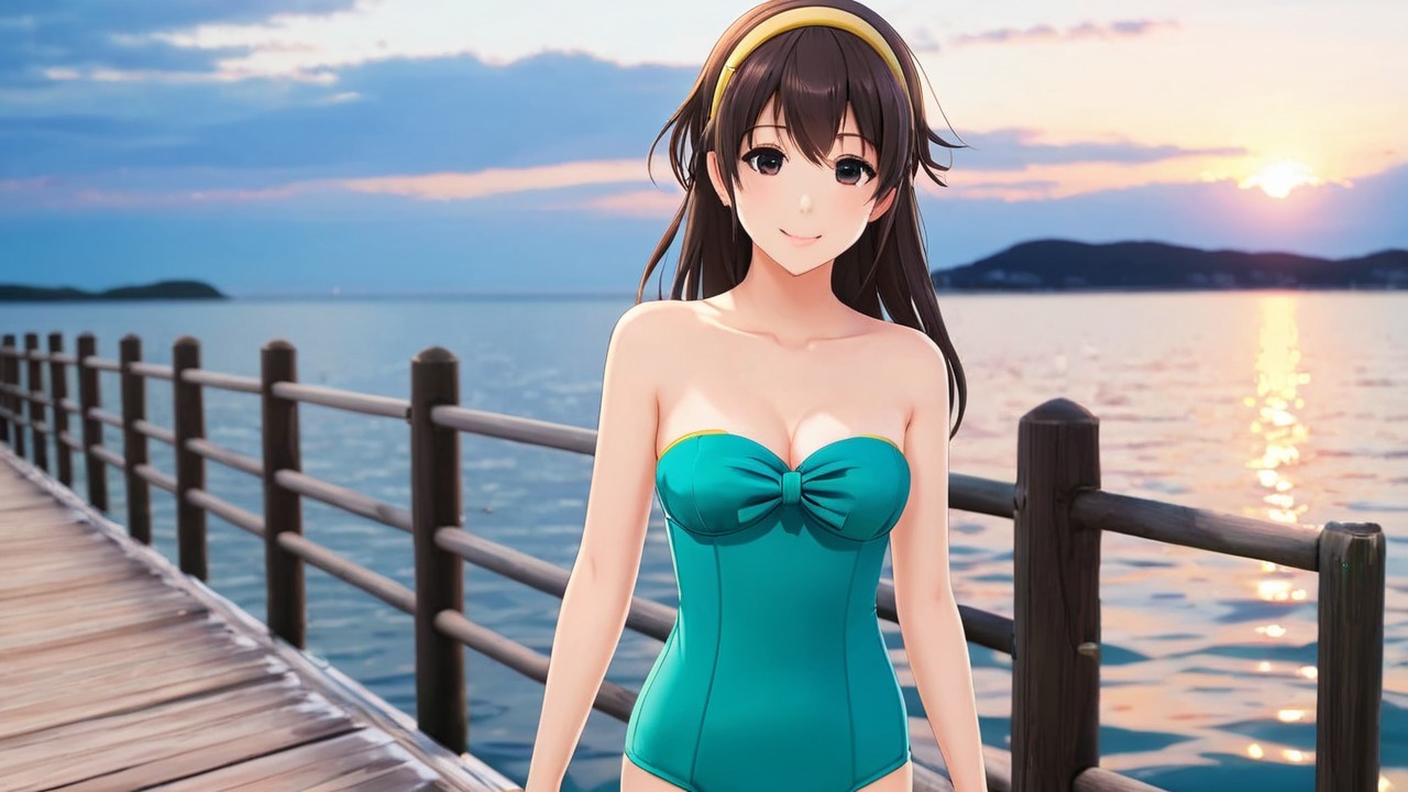 Young Woman in Turquoise Swimsuit at Sunset Pier