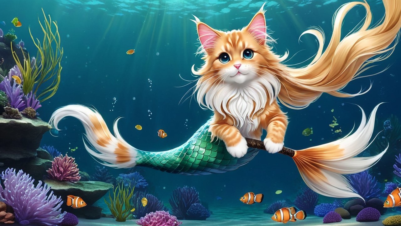 Whimsical Underwater Scene with Cat and Coral Reef
