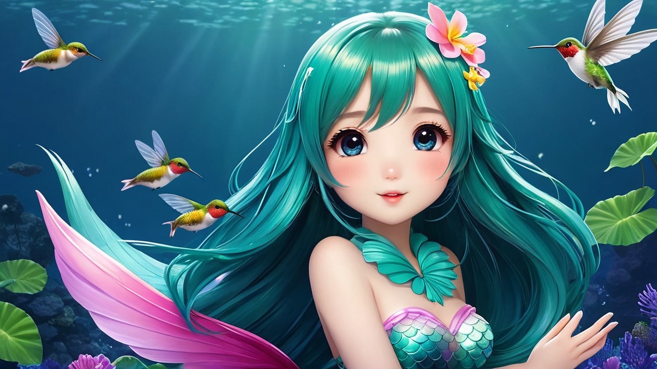 Whimsical Underwater Scene with Mermaid and Hummingbirds