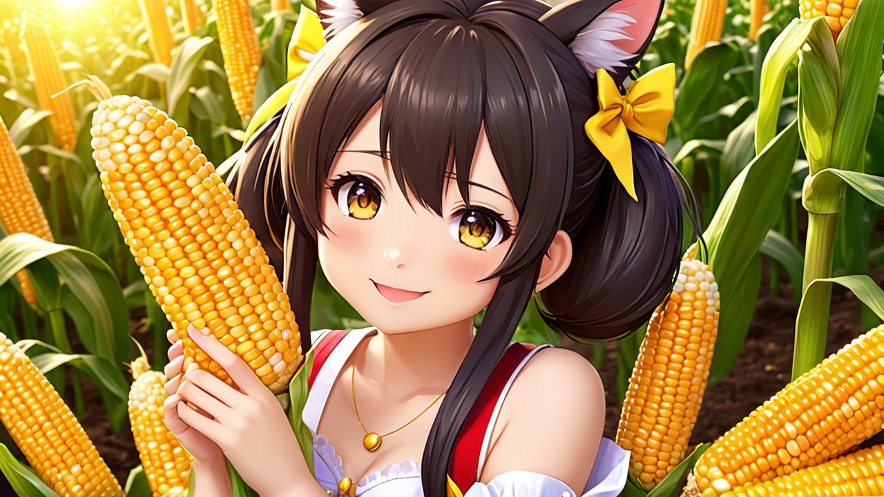 Girl with Cat Ears in a Cornfield Holding Corn