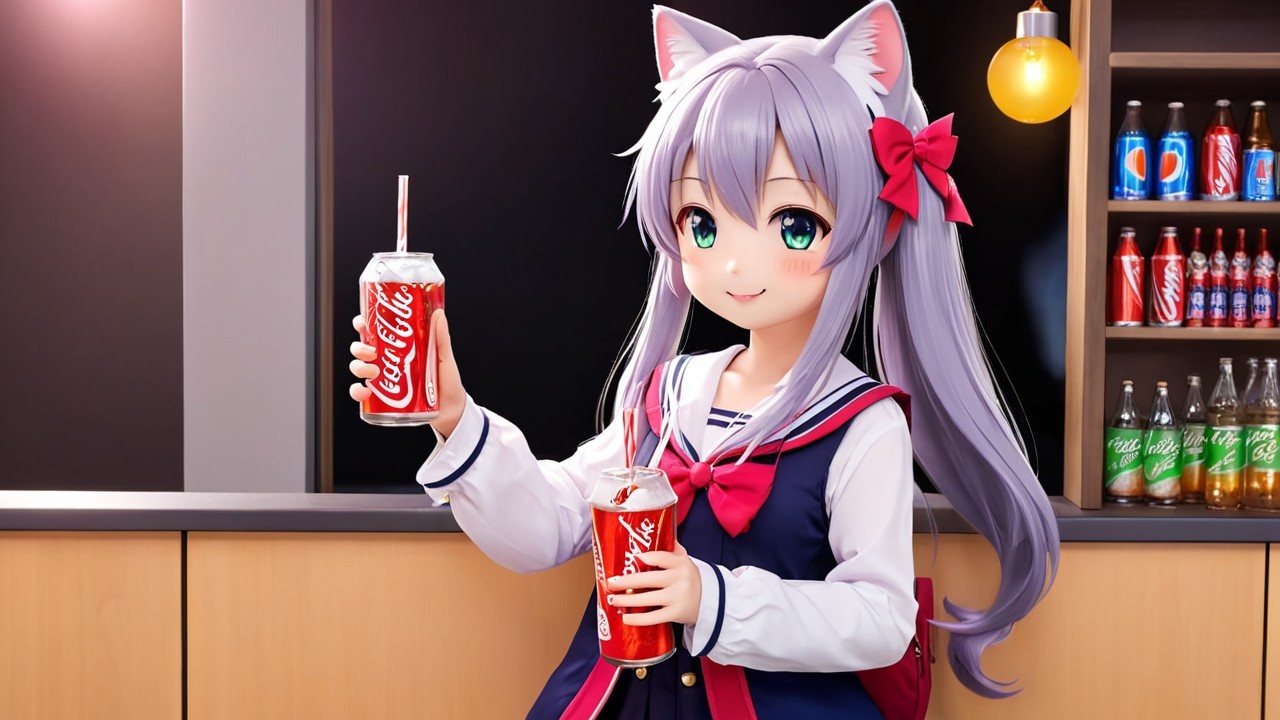 Animated Character of Girl with Cat Ears and Drinks
