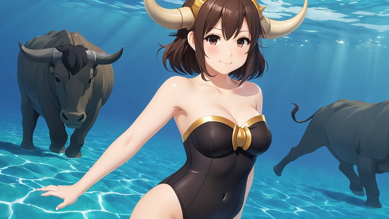 Girl in black swimsuit surrounded by water buffalo