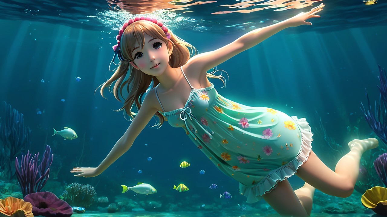 Underwater Scene of a Woman with Coral and Fish
