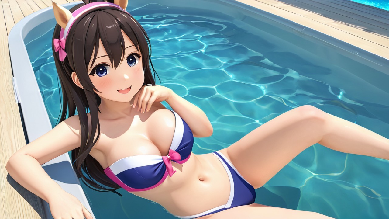 Cheerful girl in bikini poses by swimming pool