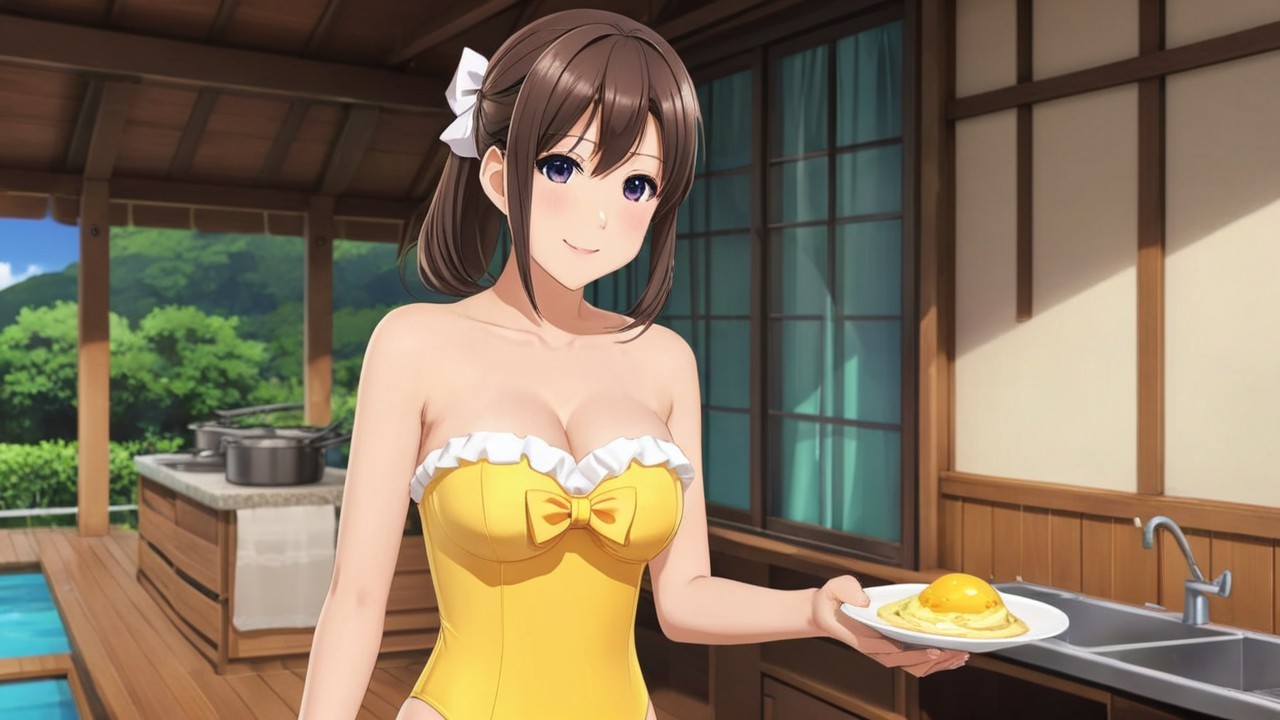 Young woman in yellow swimsuit in cozy kitchen setting