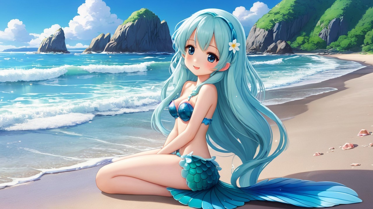 Cheerful mermaid on a sandy beach by the ocean