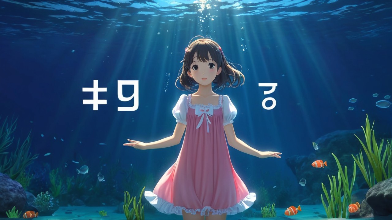 Young girl in pink dress underwater with aquatic life