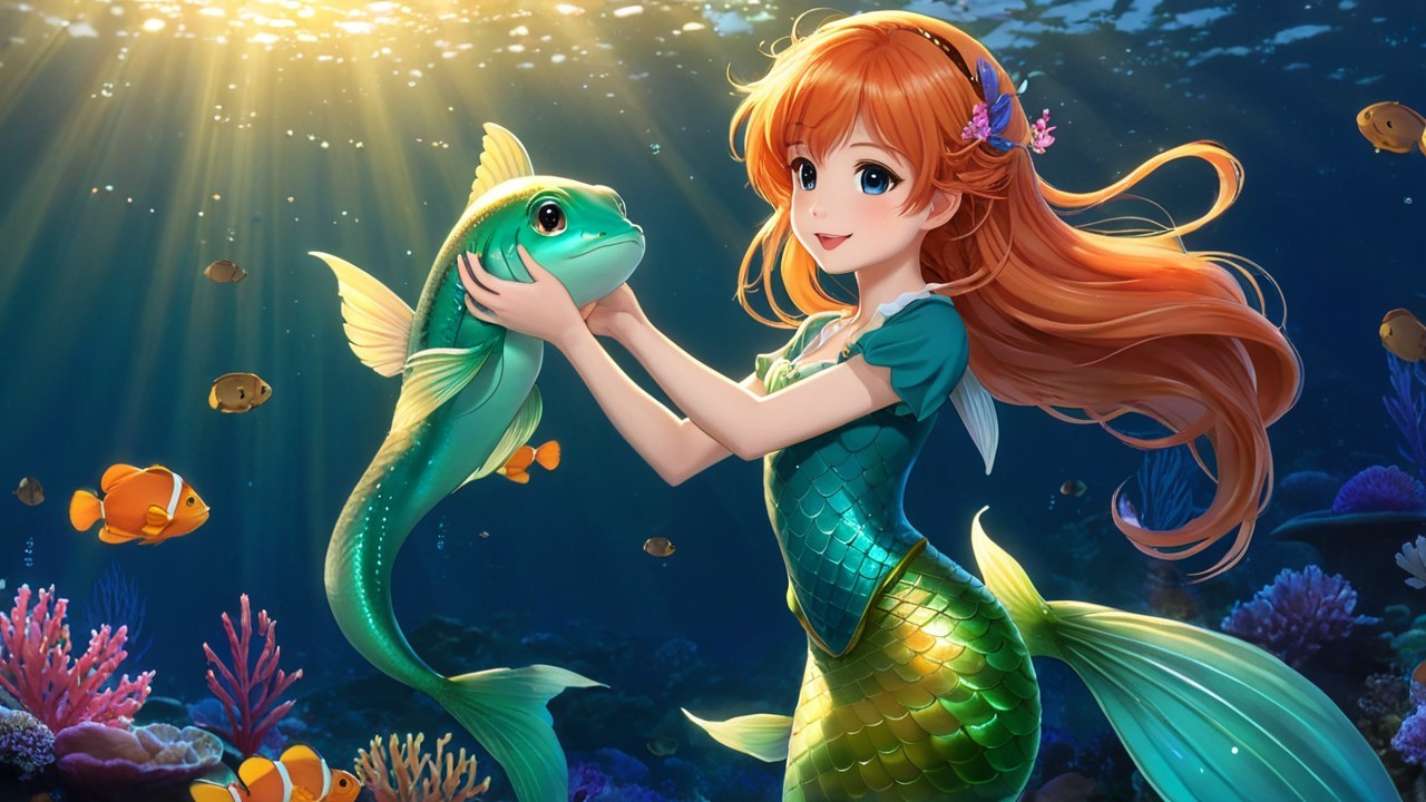 Vibrant Underwater Scene with Mermaid and Fish