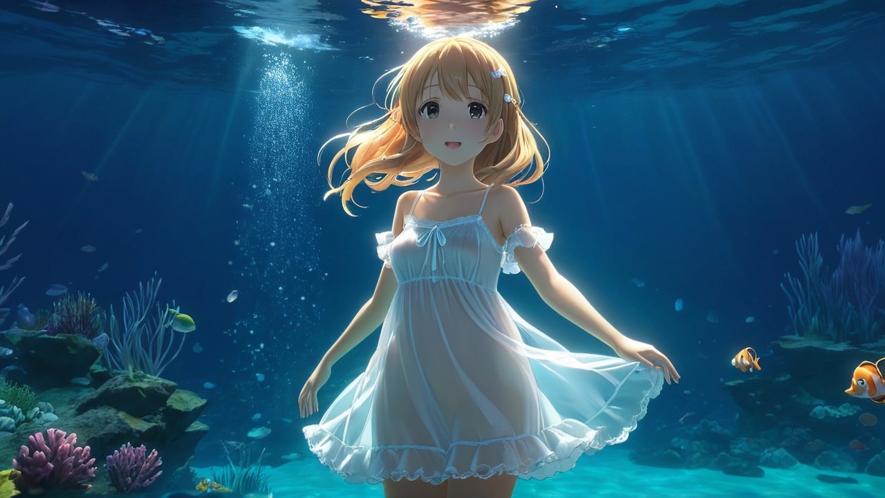 Young girl in white dress underwater with colorful fish
