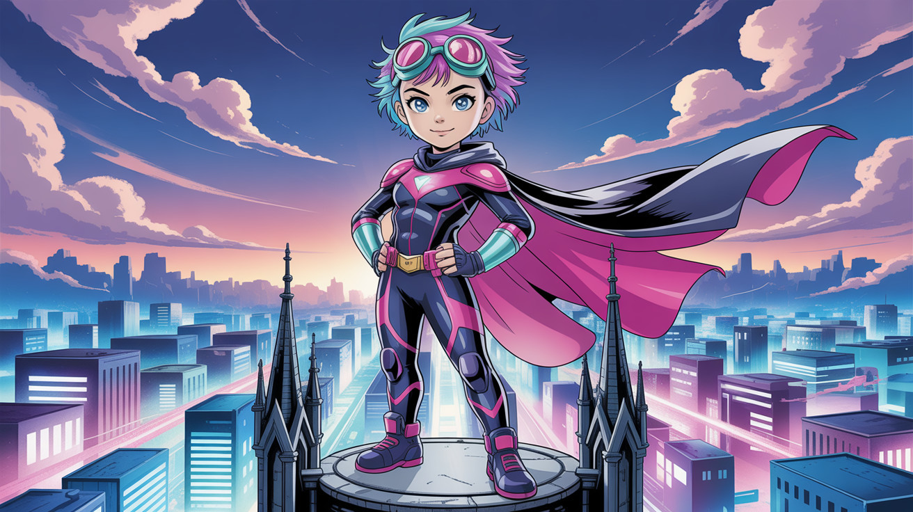 Anime-style superhero girl illustration in cityscape