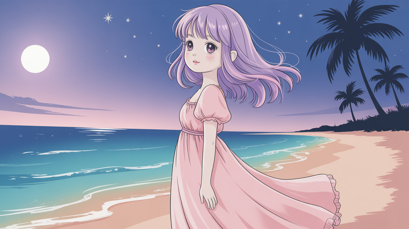 Anime Illustration of Girl on Beach at Twilight