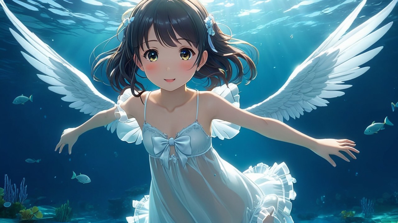 Young girl with angel wings swimming underwater