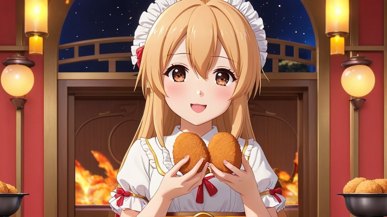 Cheerful Anime Girl in Maid Outfit with Croquettes