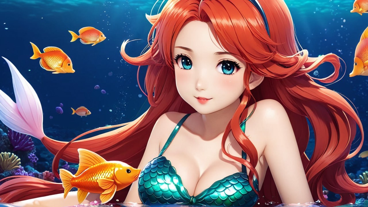 Underwater Scene with Young Woman and Colorful Fish