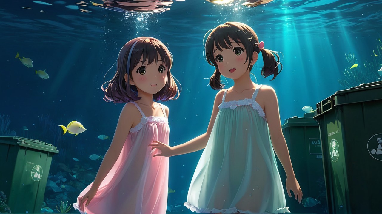 Young girls swimming underwater with colorful fish