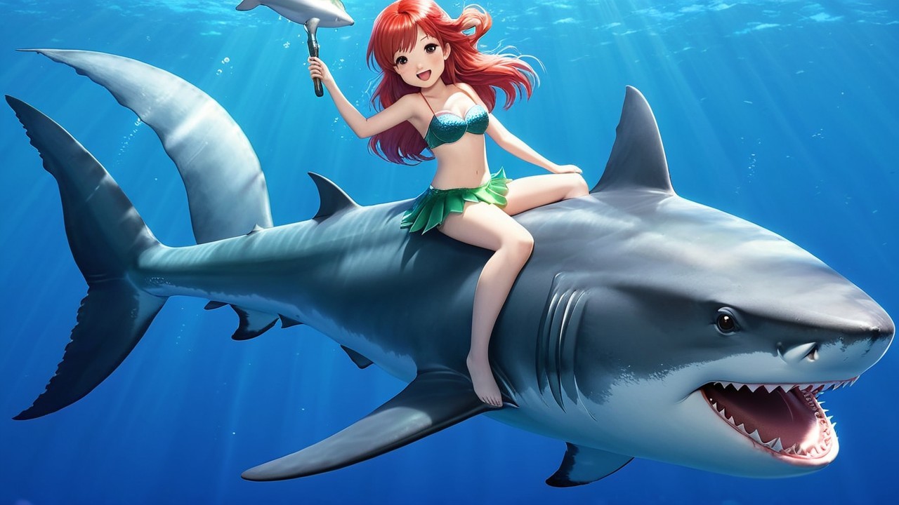 Underwater Scene with Girl on Shark in Bikini