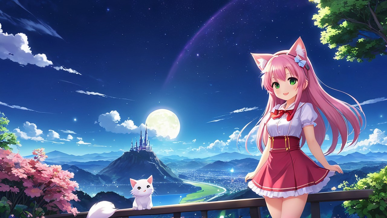 Whimsical Girl with Pink Hair on Balcony at Night
