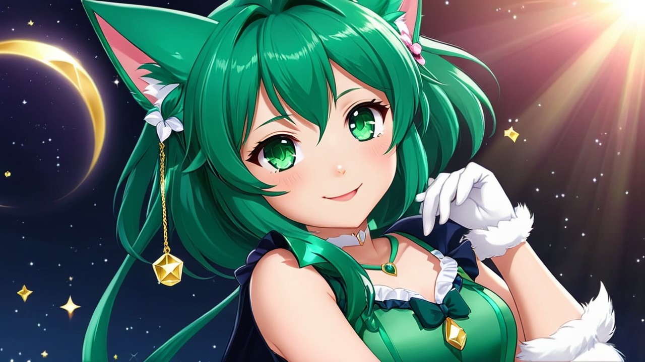 Whimsical Character with Green Hair and Cat Ears