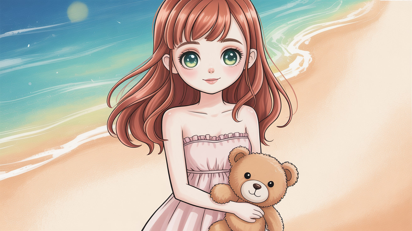 Anime Illustration of Girl in Pink Sundress on Beach