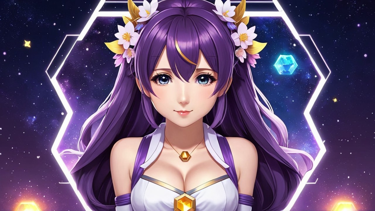 Anime Character with Purple Hair and Cosmic Background