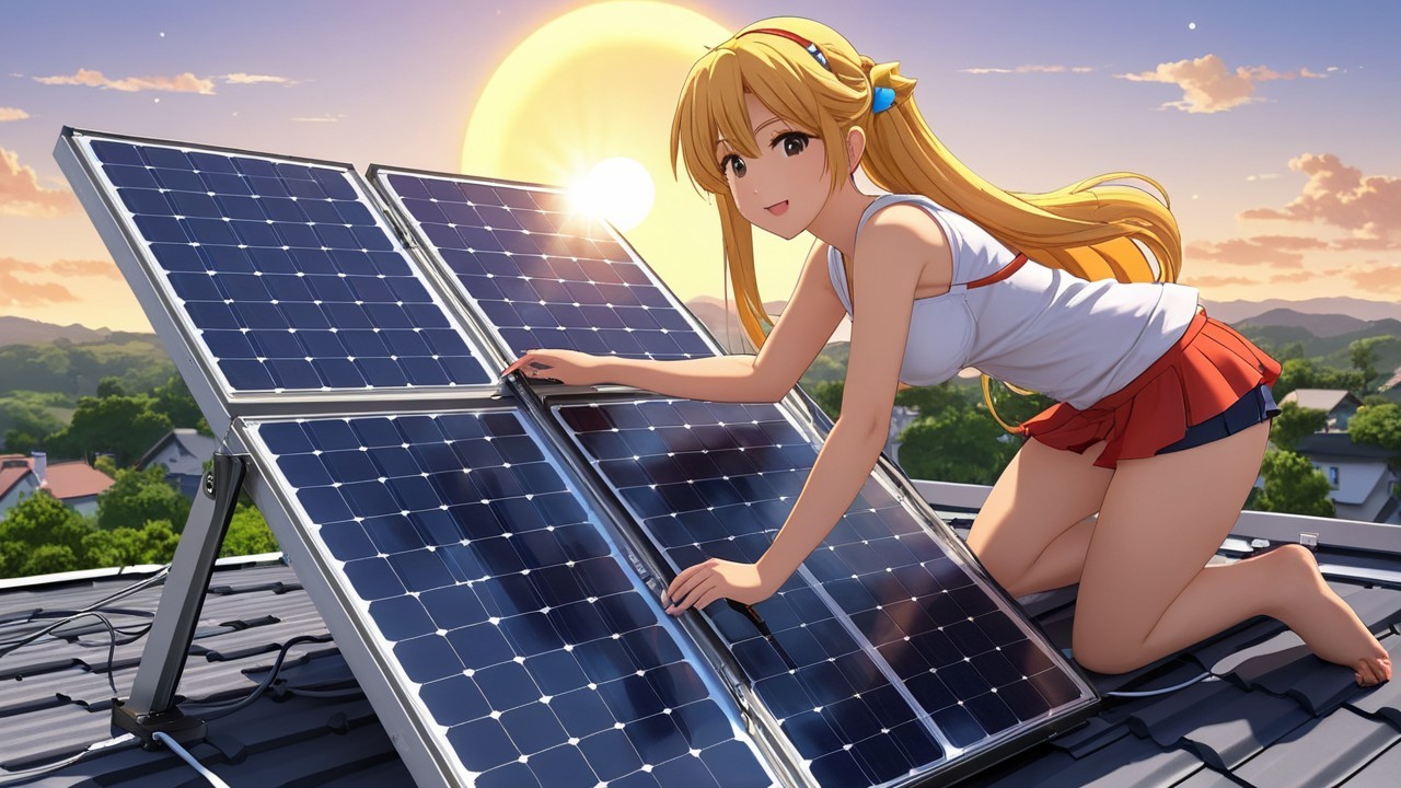 Cheerful Character Adjusts Solar Panels at Sunset
