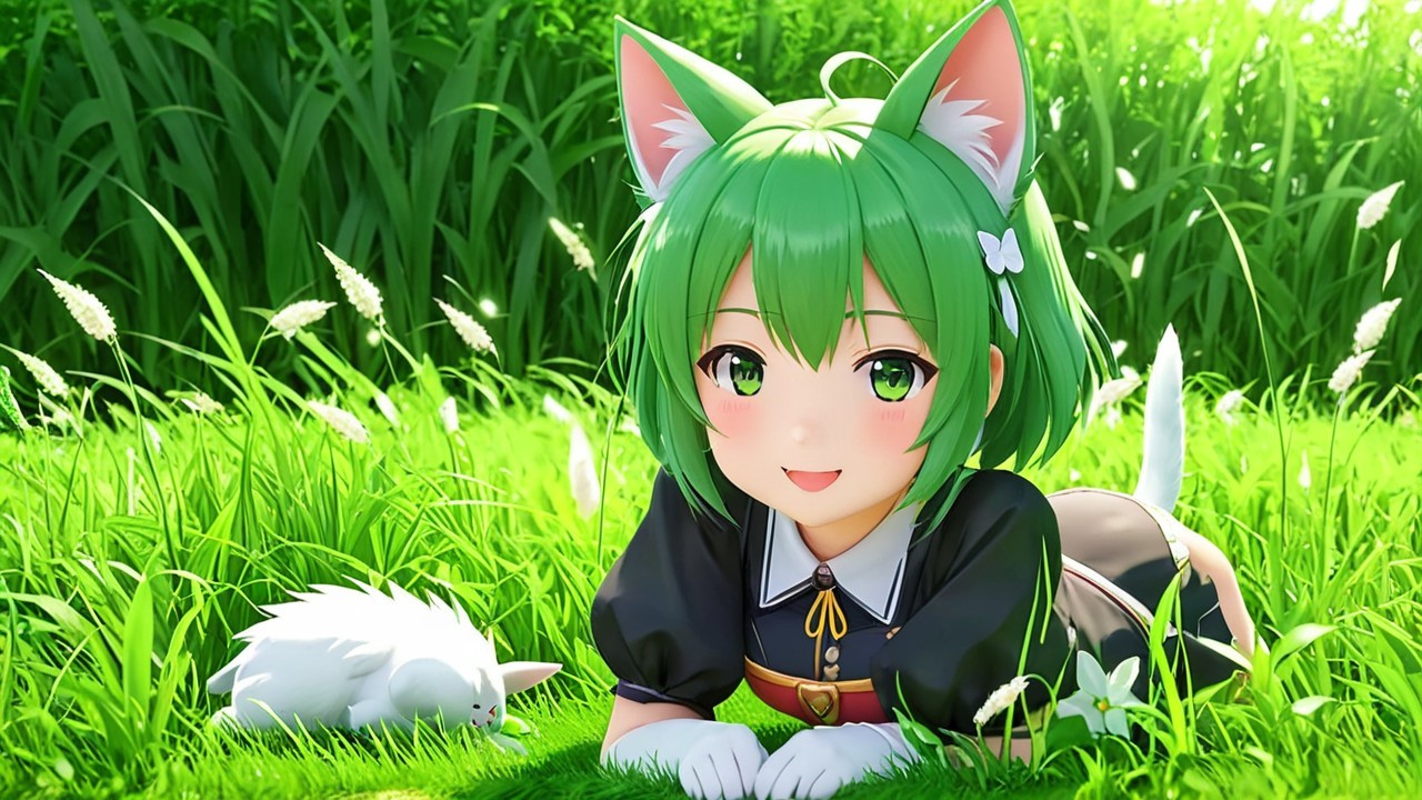 Cheerful anime character with green hair in meadow