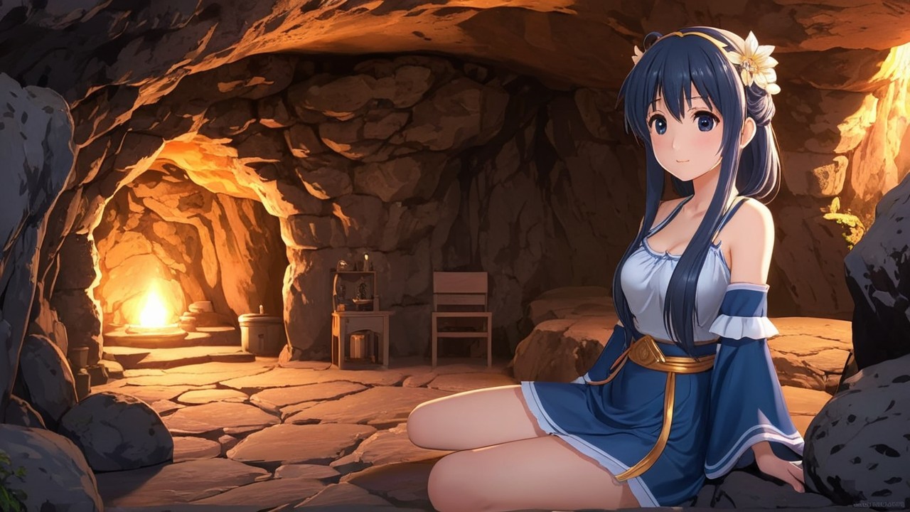 Serene Cave Interior with Warm Fire and Young Woman