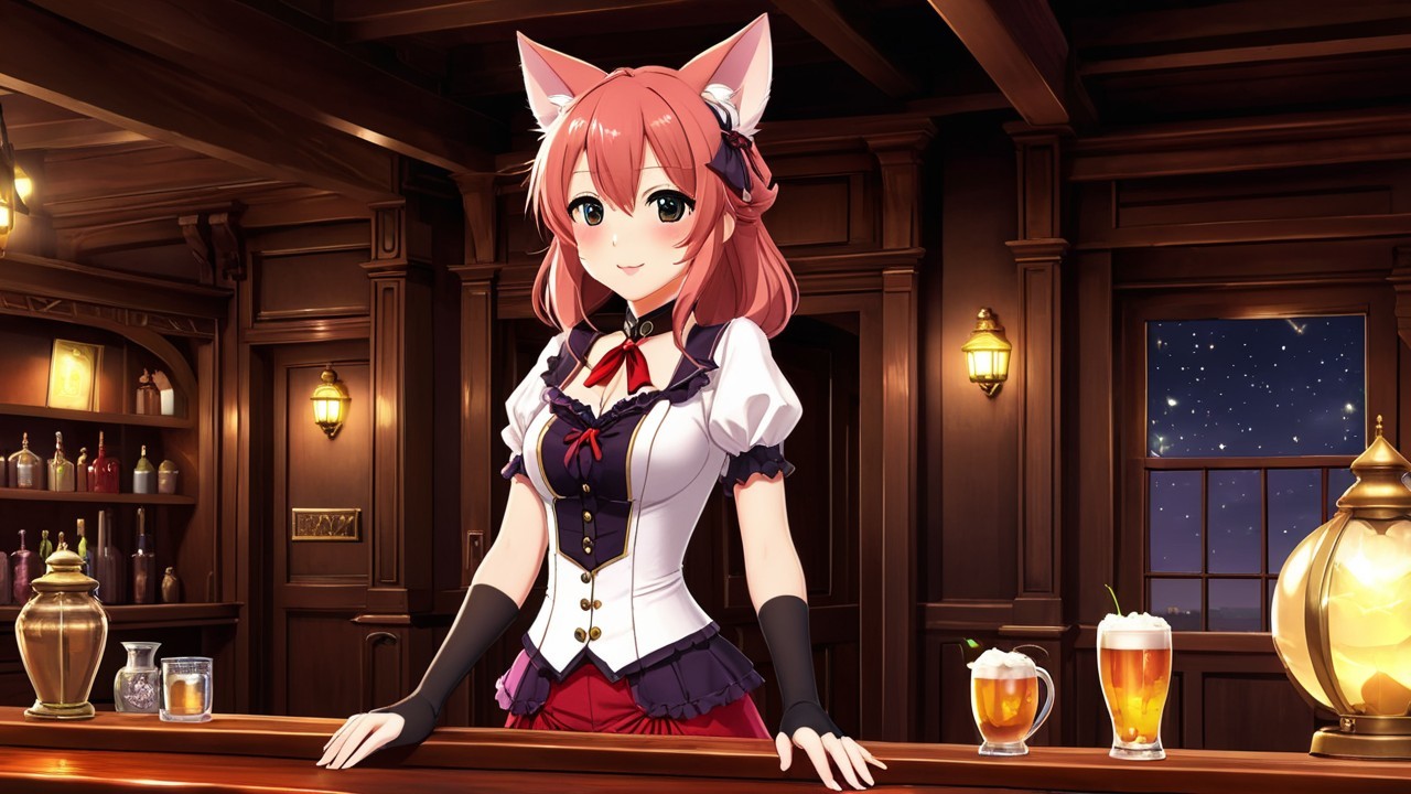 Anime Character with Cat Ears in Cozy Tavern Setting