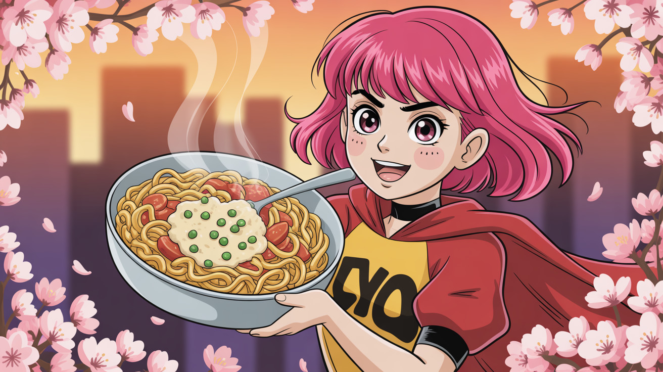 Anime Illustration of Girl with Noodles and Cherry Blossoms
