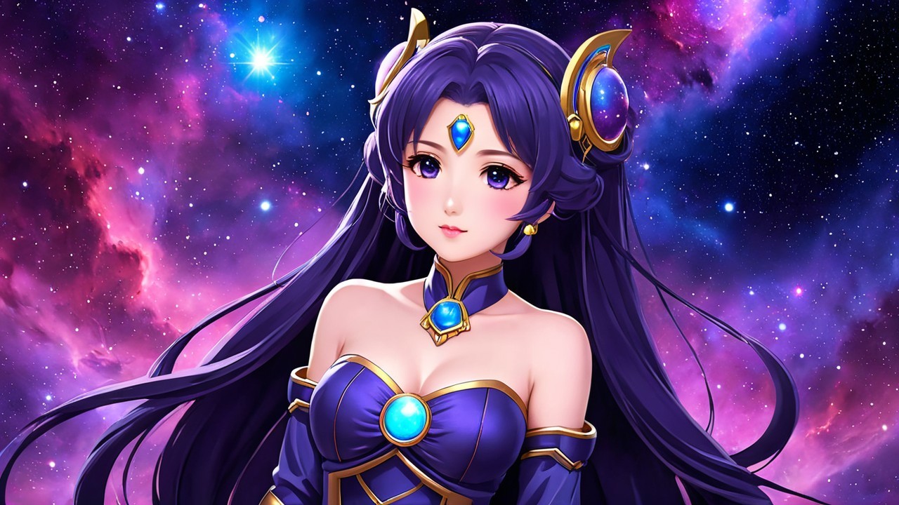 Anime Character in Cosmic Setting with Purple Outfit