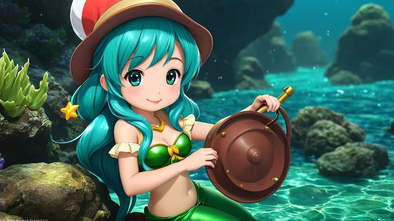 Cheerful underwater character with turquoise hair and hat