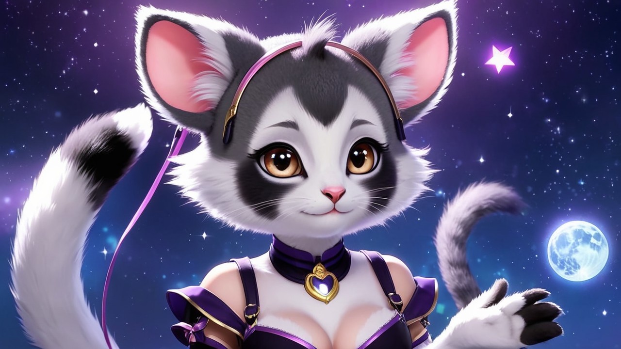 Charming Anthropomorphic Cat Character in Purple Outfit