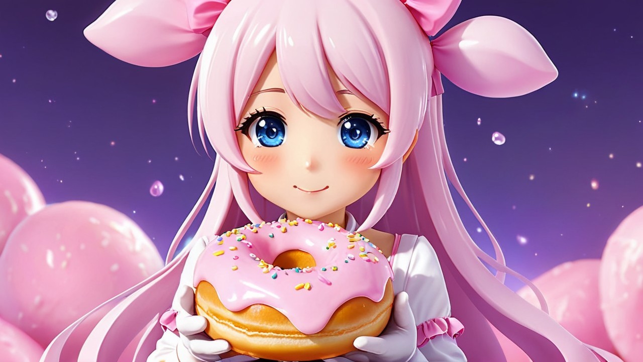 Cheerful anime character with pink hair and donut