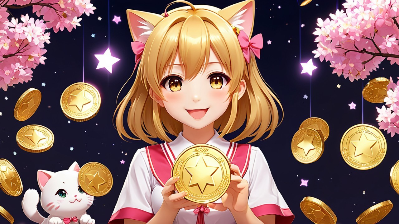 Cheerful Anime Girl with Cat Ears and Coins