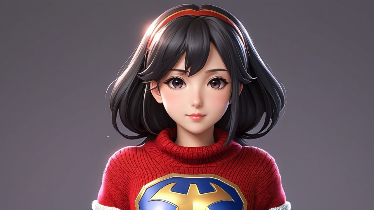Stylish Young Woman in Red Sweater with Superhero Emblem