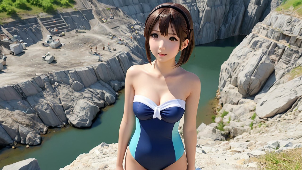 Young woman in swimsuit at rocky cliff by blue water