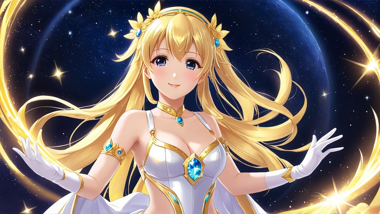 Anime Character with Blonde Hair and Cosmic Background