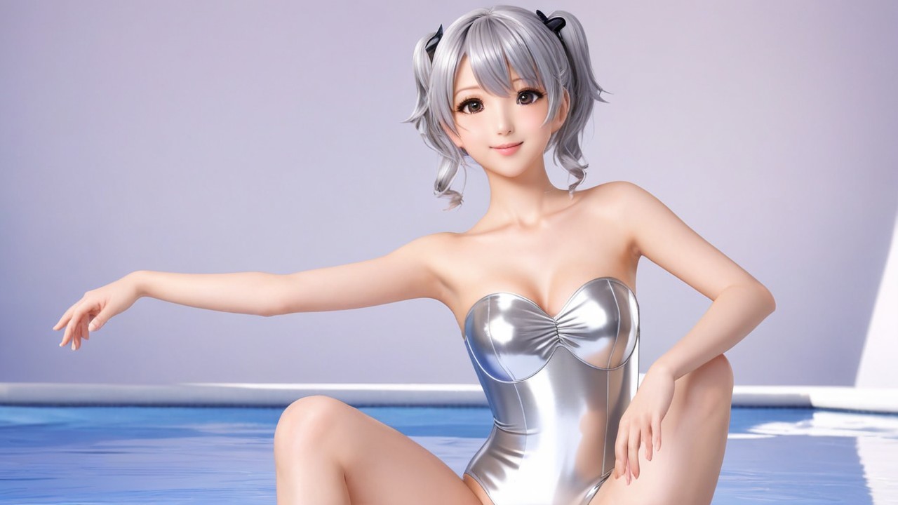 Digital Character by Pool in Metallic Swimsuit