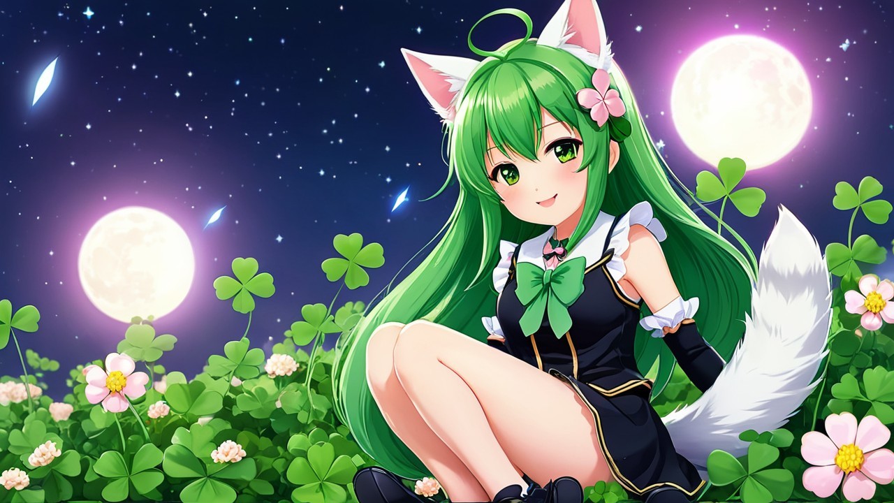 Cheerful anime character in a magical night landscape
