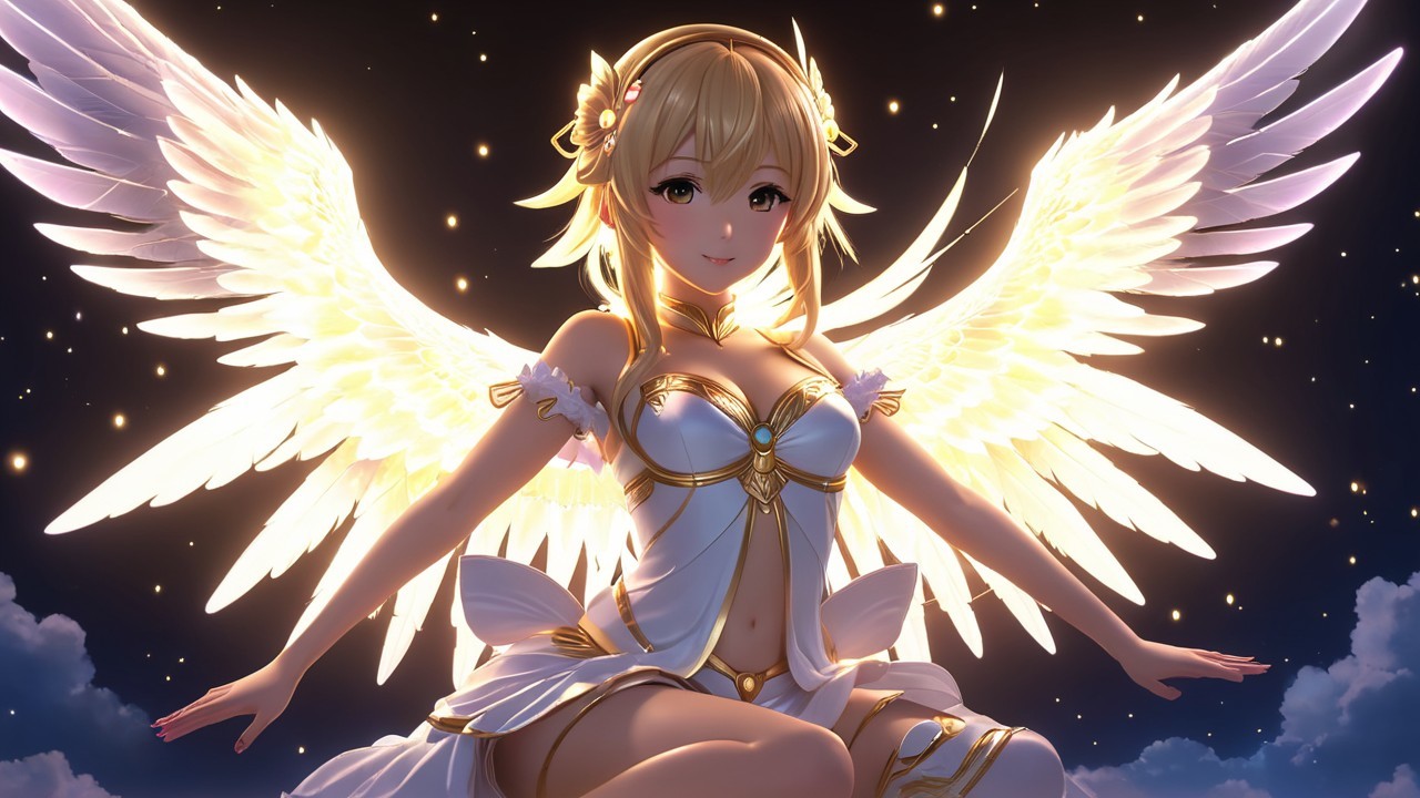 Angelic Figure with Golden Wings in Starry Sky