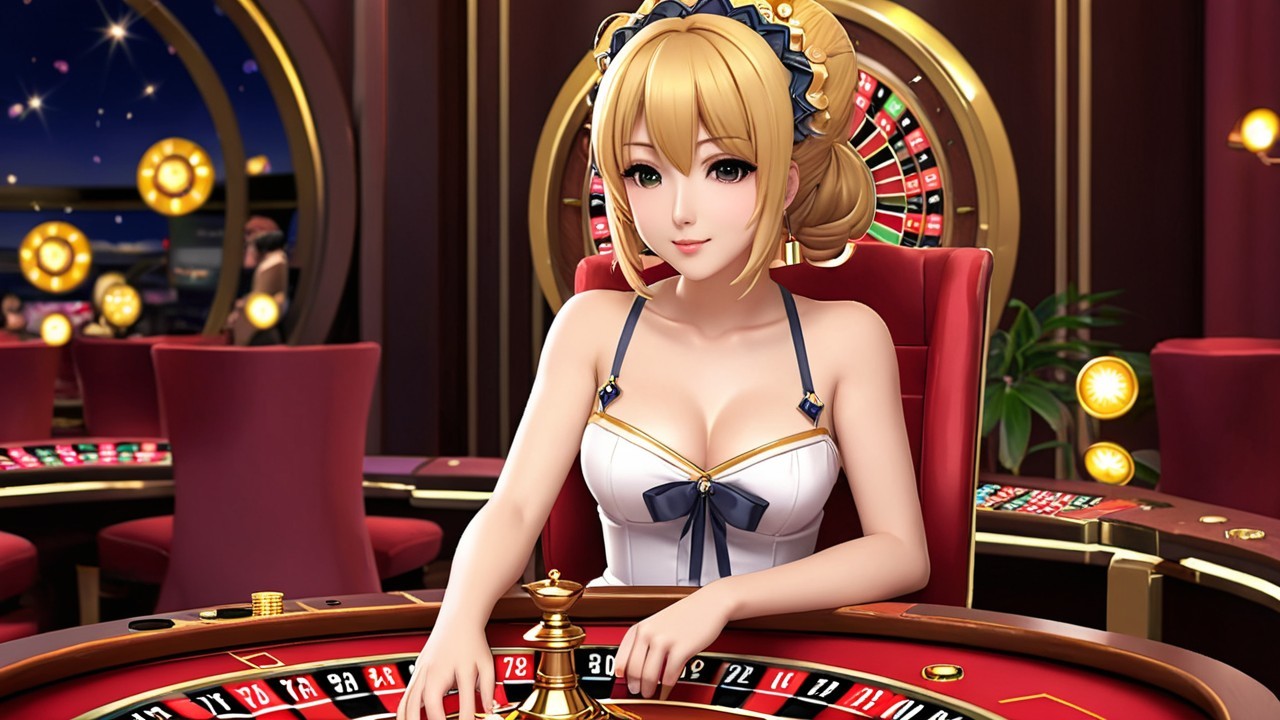Elegant Casino Scene with Female Dealer at Roulette Table