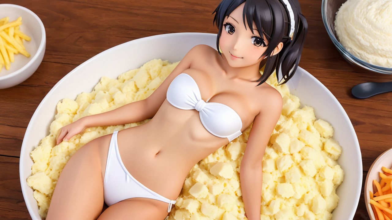Figurine of Woman in Bikini on Bowl of Mashed Potatoes