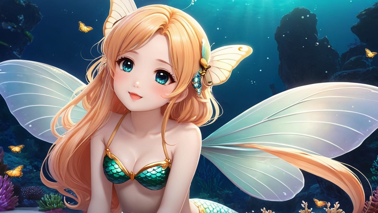 Whimsical Underwater Scene with Mermaid and Butterflies
