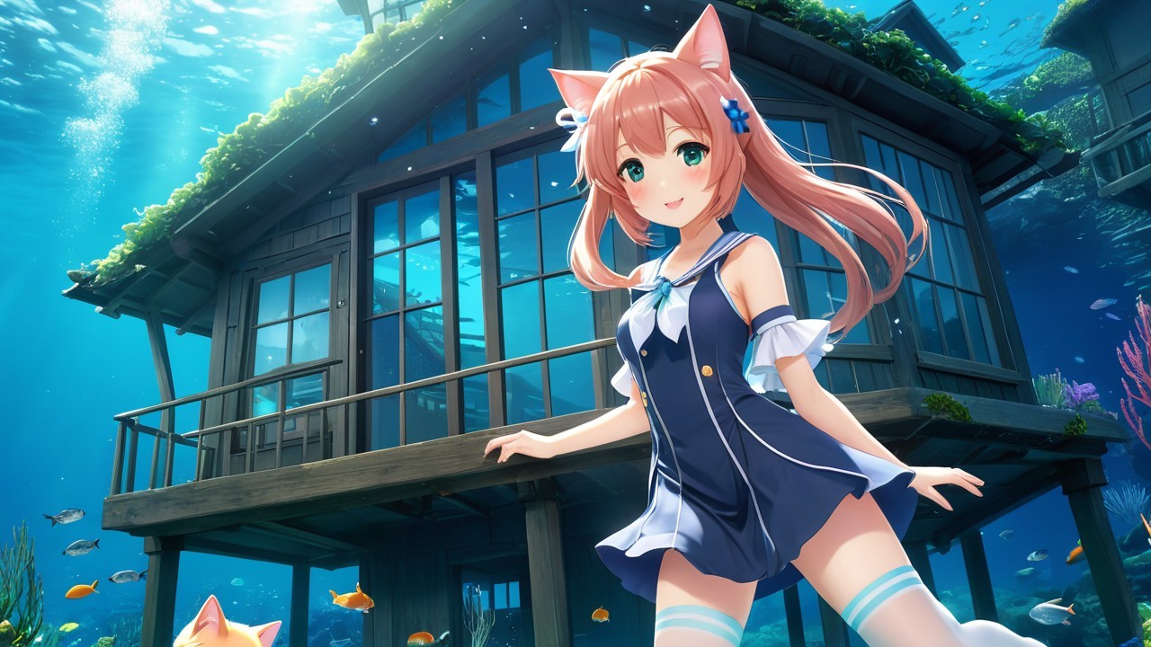 Cheerful girl with pink hair in whimsical underwater scene