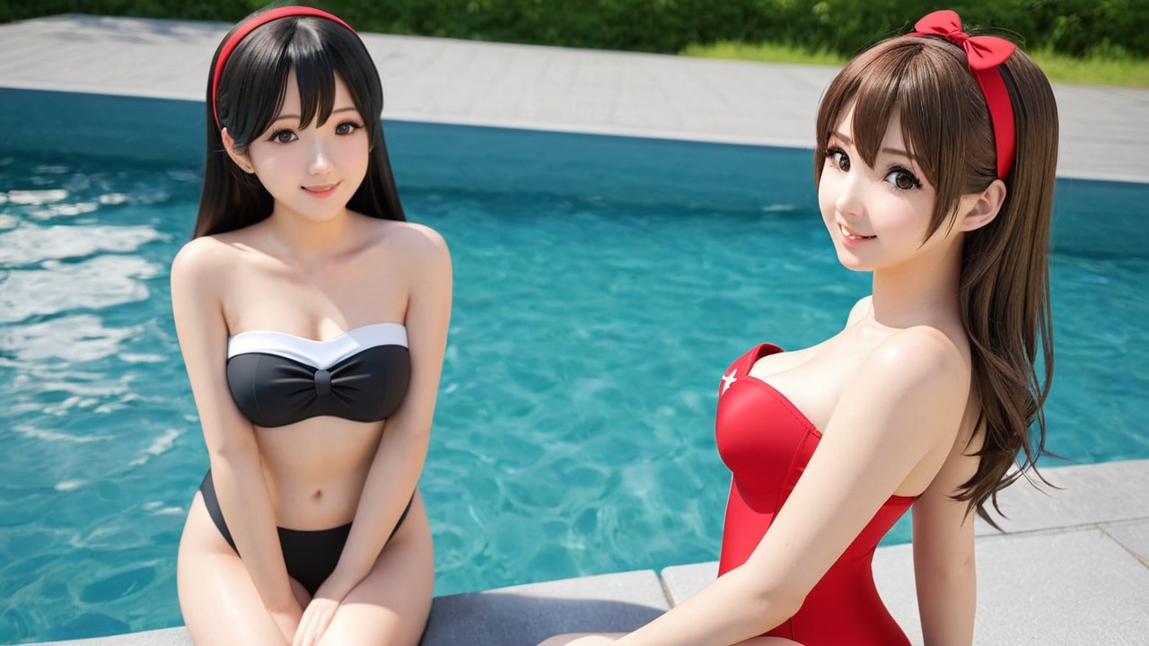 Two teenage girls by a swimming pool in swimsuits