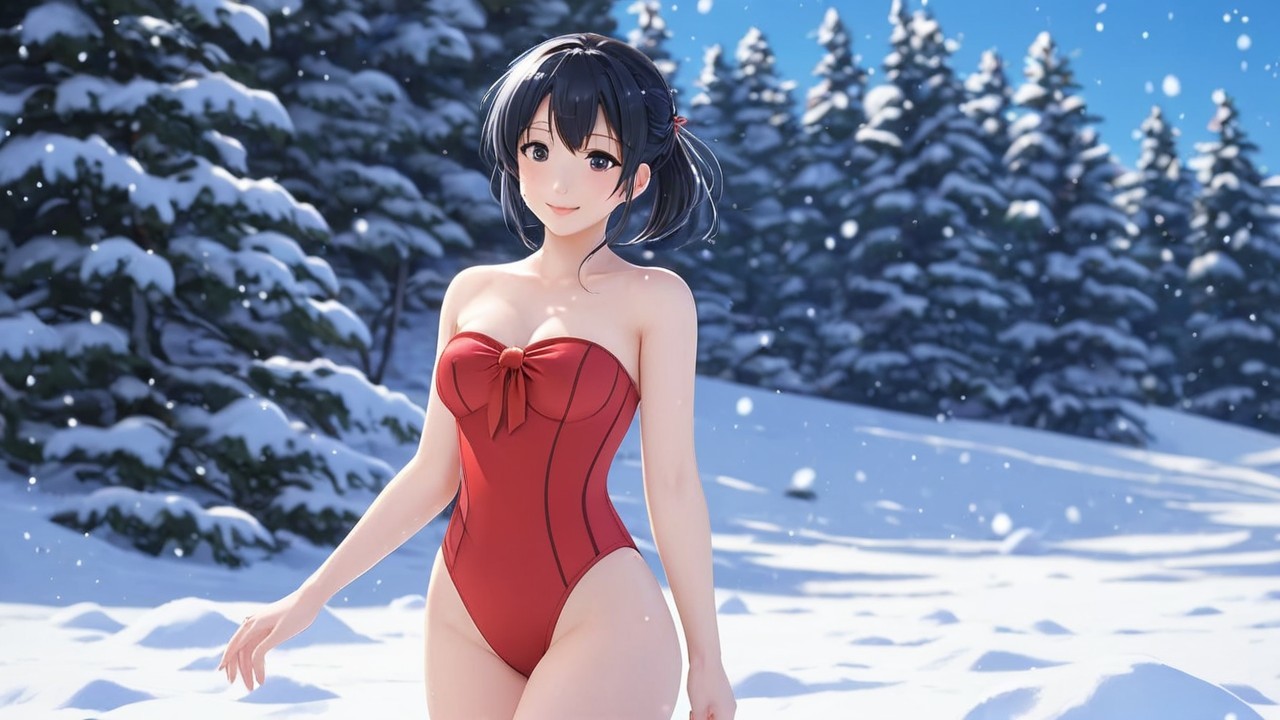 Cheerful anime character in snowy landscape with trees